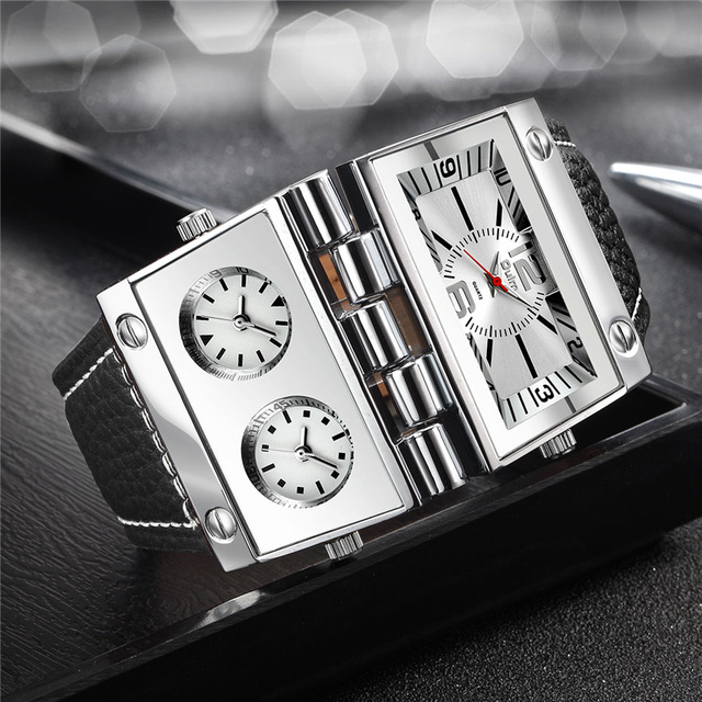 Oulm 9525 Quartz Male Men Big Size Fashion Outdoor Clock Three Time Zone Sports Watches Genuine Leather Watch Relogio Masculino