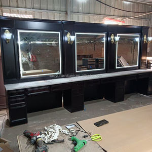 Estación de barbería de madera de estilo vintage, asientos triples, estaciones de espejo Led con luz para estudio de peluquería - Product Image 4