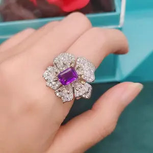 Dropshipping Haute Couture Jewelry Colorful Jewelry Ring Set with Diamonds Natural Amethyst Opening Adjustable Flower Ring