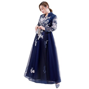 Chinese Style Plus Size Navy Blue Long Sleeve Embroidered Dress For Performance Banquet Women - Product Image 5