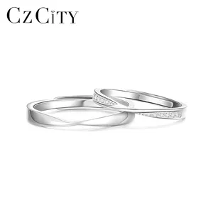 CZCITY Set di Anelli Nuziali per Coppia in Argento Sterling Puro S999, Gioielli in Argento 925, Fede Nuziale Eterna di Fidanzamento Regolabile dal Design Geometrico - Product Image 1