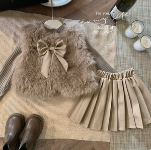 Costume pour filles, nouveau style pour enfants, veste en cuir, pull, gilet, <span class=keywords><strong>jupe</strong></span> en cuir plus <span class=keywords><strong>velours</strong></span>, ensemble trois pièces - Product Image 4