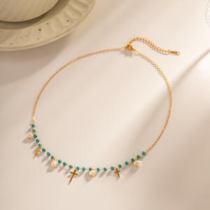 <span class=keywords><strong>Collana</strong></span> con ciondolo con <span class=keywords><strong>perle</strong></span> d'acqua dolce croce girocollo con perline di riso in pietra <span class=keywords><strong>blu</strong></span> per donna - Product Image 2