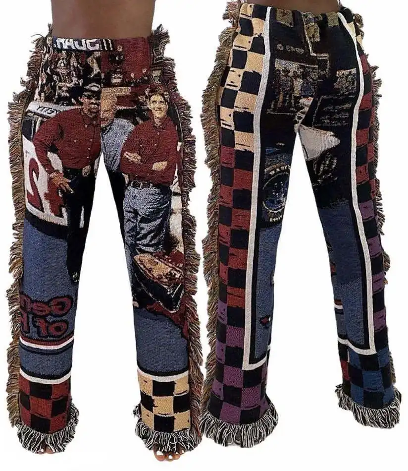 Pantalones de tapiz tejidos con bolsillos Borlas Logotipo personalizado Manta Pantalones de hombre