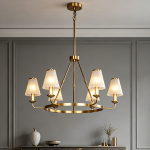Modern Luxury 6-<b>Light</b> Gold Stainless Steel Chandelier with Ribbed Glass Shades Elegant Pendant <b>Light</b> for Indoor Lighting Fixture - Product Image 1