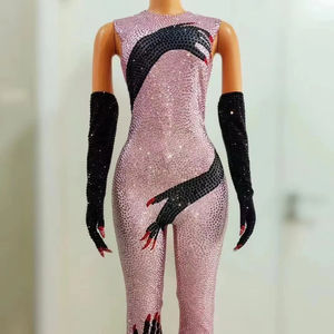 Combinaison-gant sexy exotique en spandex argenté, noir et rose avec strass pour la <span class=keywords><strong>danse</strong></span> du Xinjiang, tenue d'anniversaire pour femme - Product Image 1