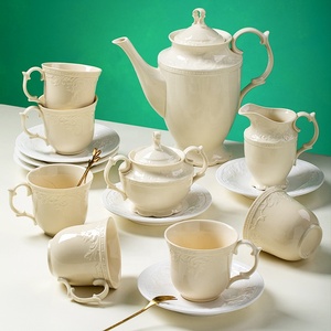 Low Price Promotion of European White and Yellow Embossed Afternoon <b>Tea</b> Ceramic Coffee <b>Set</b> - Product Image 3