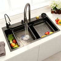 Évier de cuisine multifonctionnel en acier inoxydable fait main 75x46x22cm, évier simple avec robinet cascade, quatre trous, design riche en accessoires