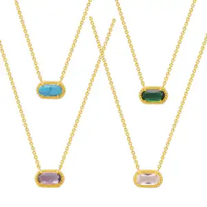 Cz Stone Charm Gem jewelry Crystal Emerald Green Gemstone Turquoise Charm Gold Plated Chain Chocker Birthstone Pendant Necklace