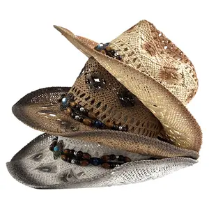 Europe and the United States retro windproof sunscreen hollowed out western straw cowboy hat Straw fisherman's hat for women men