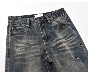 Marchio personalizzato Drop Ship Stock Street Wear Stock produttore di <span class=keywords><strong>Jeans</strong></span> larghi da <span class=keywords><strong>uomo</strong></span> <span class=keywords><strong>blu</strong></span> verniciato in <span class=keywords><strong>Jeans</strong></span> svasati impilati - Product Image 6