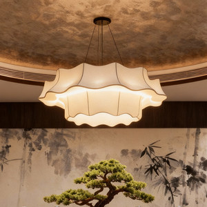 Lustre rond en tissu blanc de style chinois, lampe E27 à six têtes, pour salon, maison, salle à manger, hôtel, restaurant, esthétique Zen, nouvelle collection - Product Image 1