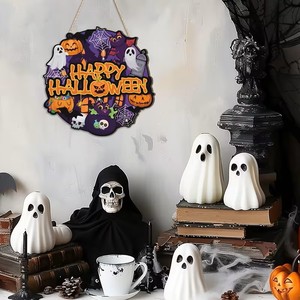 Gelukkige Halloween Ronde Houten Deurhanger Spook Pompoen Zwarte Kat Spinnenweb Spookachtige Voordeur Wanddecoratie Huisdecoratie Cadeau - Product Image 5