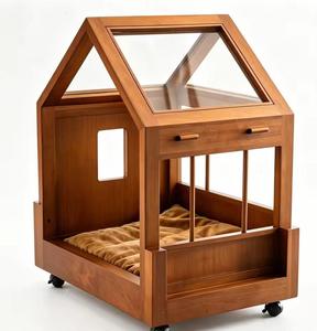 Wheeled Wooden Cat <b>Dog</b> Kennel with Cushion - Product Image 1