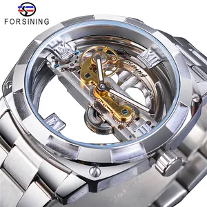 Forsining orologio GMT1165 uomo design trasparente meccanico argento gear scheletro orologi automatici da uomo in acciaio inossidabile