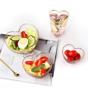 Bols à bordure dorée en forme de cœur personnalisés pour salade en verre, mélange de fruits, ustensiles de cuisine, micro-ondes, vaisselle, bol à salade en verre rose