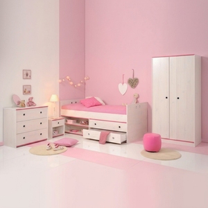 Ensemble de meubles de chambre d'enfant OEM pour filles, lit en bois avec tiroirs de rangement, armoire, table de chevet et <span class=keywords><strong>commode</strong></span> - Product Image 1