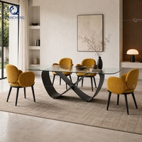 Table à manger moderne en verre trempé de 12 mm avec base en acier carbone Infinity, mobilier de luxe pour villa, fabricant en gros