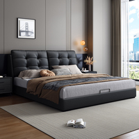 JUNYUHAO Modernes Italienisches Luxus-Lederbett Gepolstert Gesteppt Weiches Bett mit Stauraum Beleuchtet Ergonomischer Kiefernholzrahmen Queen King Größen