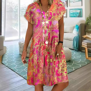 V-<b>neck</b> Printed Casual Dress Loose Waist Short Sleeve Floral Pattern Daily Wear Summer Style <b>Light</b> Blue And Red - Product Image 2