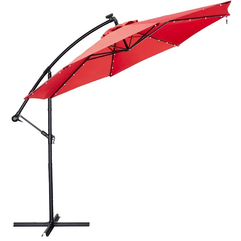 Jardin extérieur patio banane parapluie énergie solaire led lumières poteau latéral en acier prêt à expédier Usine en gros