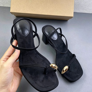 <span class=keywords><strong>Sandali</strong></span> Minimalisti Neri in Finta Pelle Scamosciata con Dettagli Dorati, Punta Quadrata, Tacco Basso e Largo, Eleganti Scarpe Estive da Cerimonia - Product Image 1