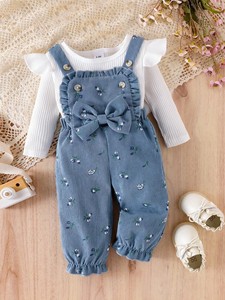 Completo Abbigliamento Bambina Primavera Autunno 2026: Top a Maniche Lunghe con Stampa Floreale a Cuori e Leopardo e Salopette in Velluto a Coste - 2 Pezzi - Abbigliamento Neonato All'ingrosso - Product Image 4