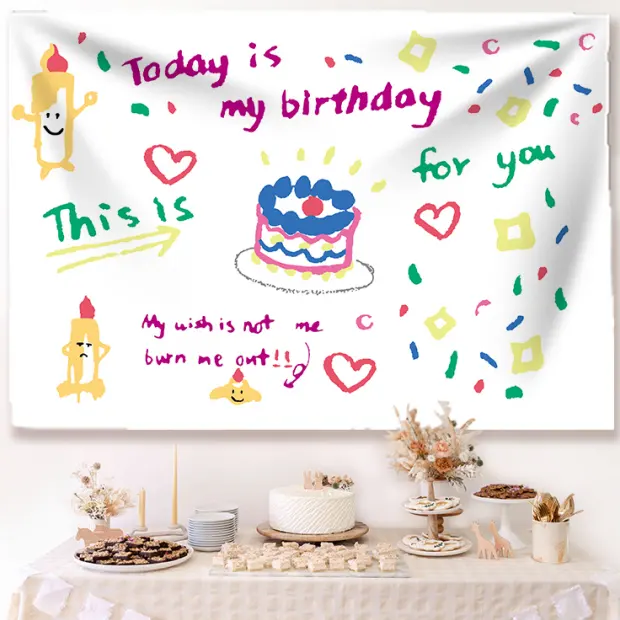 Custom Design Happy Birthday Cute Colorful Girl Style High Quality Digital Printing Household Wall Hanging Tapestry