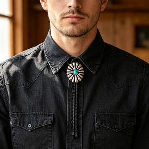 Cravate Bolo Sud-ouest en alliage de zinc avec pendentif en pierre turquoise, cordon en cuir tressé, ton argenté vintage, accessoire décontracté - Product Image 4