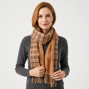 Châle réversible en laine à carreaux marron et bleu, et camel uni, avec pompons, pour femme, usage quotidien automne - Product Image 3