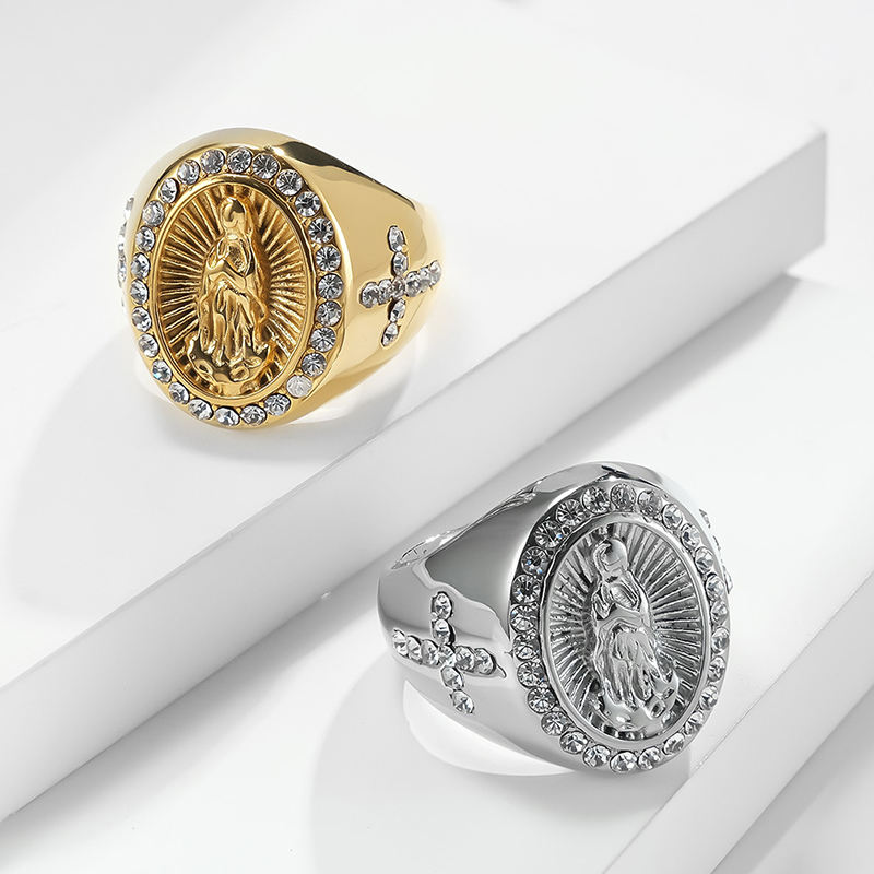 Bague en acier inoxydable avec la croix de la vierge marie, anneau