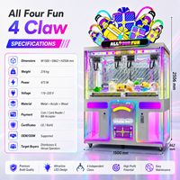 Máquina recreativa Neofuns grande de 4 garras con monedero, tiras de luces LED, cuatro zonas de premios, gabinete de metal, acrílico y madera, máquina grúa.