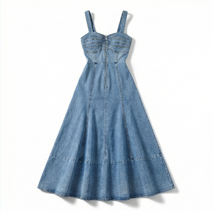 Robe longue en jean d'été pour <span class=keywords><strong>femme</strong></span> Wangsheng GX6337, style vintage club, sans manches, fermeture éclair, sexy, grande ampleur, imprimé numérique uni - Product Image 1