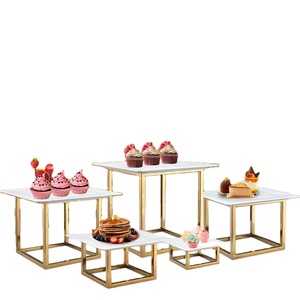 Hot sale hotel restaurant luxury gold stainless steel dessert stand with ceramic plates tray dim sum holder wedding cake stand