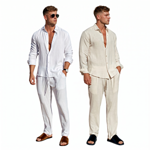 Ensemble chemise et pantalon en lin pour <span class=keywords><strong>homme</strong></span>, vente en gros d'usine, <span class=keywords><strong>tenue</strong></span> 2 pièces en lin pur avec logo personnalisé, respirant et décontracté pour commande en gros - Product Image 1