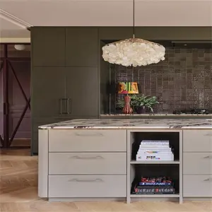 Modern kitchen design cabinet matte olive green painting high cabinet light grey base kitchen island