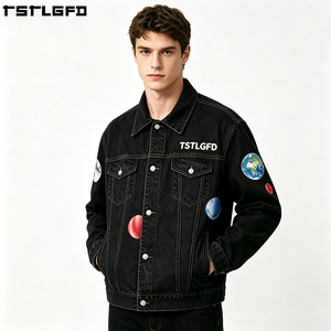 <b>Custom</b> Raw <b>Denim</b> <b>Jacket</b> Heavyweight Washed Black Planetary Pattern Men'S Outerwear Sets Clothing Manufacturers Bulk - Product Image 4