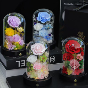 Dôme en verre avec roses LED stabilisées en gros, fleurs <span class=keywords><strong>éternel</strong></span>les avec hortensia et gypsophile, cadeau pour la Saint-Valentin et anniversaire - Product Image 5