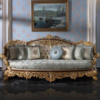 Ensemble canapé traditionnel carré en bois pour la maison avec tissu sculpté meubles de salon français de luxe en feuille d'or de style européen