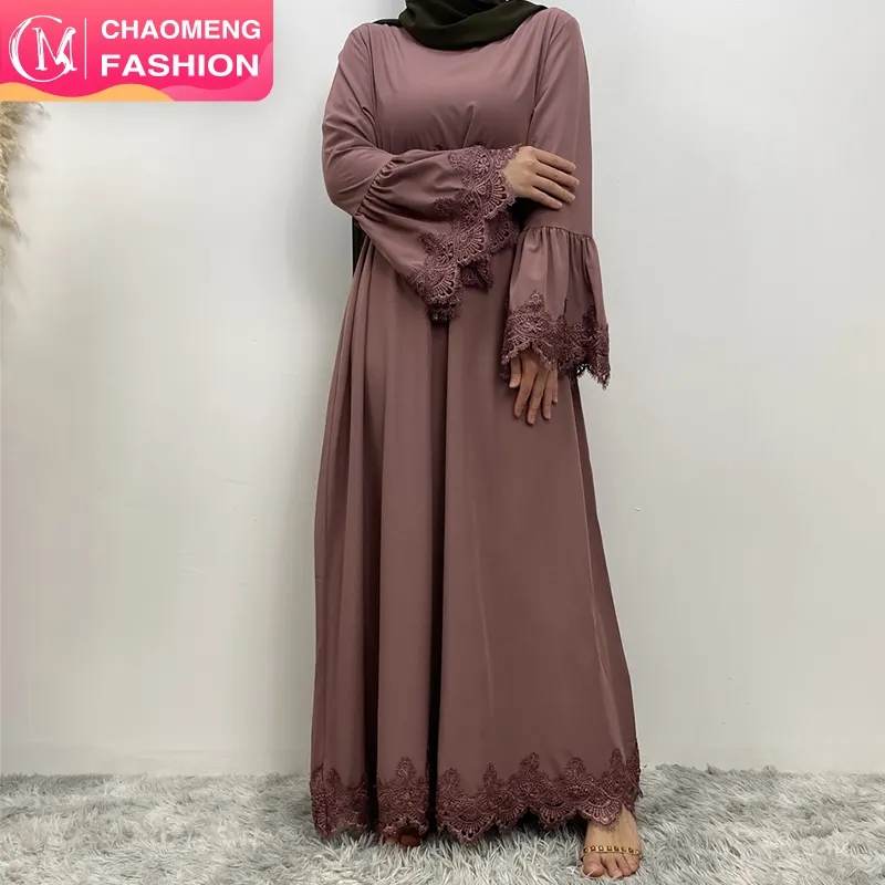16001# Update purple floral lace closed abaya long sleeve modesty women a-line fashion dresses for eid 2 colors
