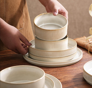 Service de vaisselle en céramique écologique personnalisable, 4 pièces, assiettes et bols en porcelaine légers, résistants aux rayures, qualité alimentaire - Product Image 1
