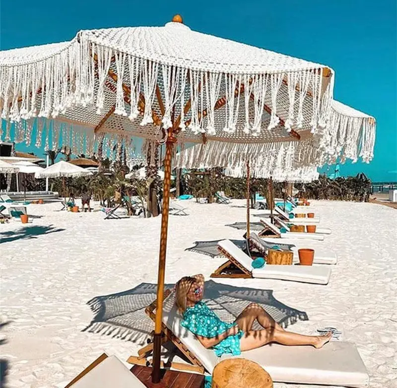 Toptan pamuk tığ açık büyük plaj makrome saçaklar ile Parasols, ev Boho dekor ahşap tatil veranda bahçe şemsiyesi