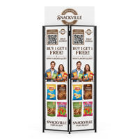 Présentoir pliable en métal pour snacks - Support de sol pliable en fil métallique pour chips avec panneaux graphiques et bandeaux interchangeables