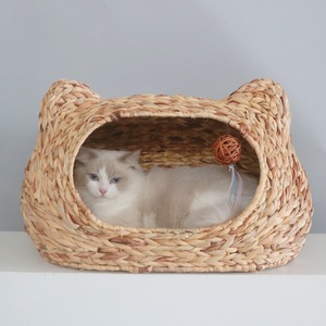 Casa para gatos de imitación de ratán, cama redonda cálida para mascotas con cojín extraíble y lavable - Product Image 3