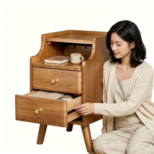 Table de chevet en bois massif avec 2 tiroirs et étagère ouverte, meuble de chambre à coucher de style moderne du milieu du siècle - Product Image 2