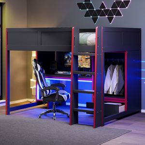 Lit mezzanine avec bureau et rangement, couleur noir et rouge, mobilier de chambre multifonctionnel pour enfants, adultes et personnes âgées - Product Image 4