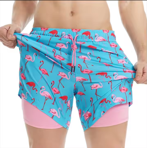 Men's 2-in-1 Double-Deck Hawaiian Style Swim Beach Shorts Custom Logo Pattern Breathable Fitted <strong>XXL</strong>/<strong>XL</strong> <strong>Size</strong>