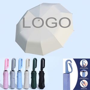 Parapluie d'affaires pliant en trois couleurs unies, coupe-vent, pour filles, avec grande boucle annulaire, 10 baleines, revêtement noir, pour la vente en gros - Product Image 1