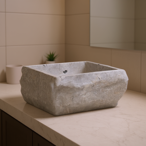 Lavabo de salle de bain en marbre gris 11,8''x11,8''x5,1'' carré, design moderne, à poser sur le comptoir - Product Image 2