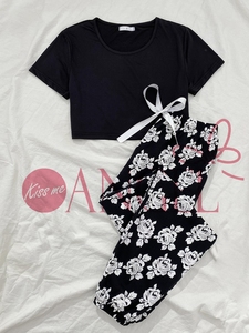 KISS ME ANGEL jachère pyjama femmes printemps automne taille noir col rond manches courtes imprimé pantalon vêtements de maison - Product Image 2